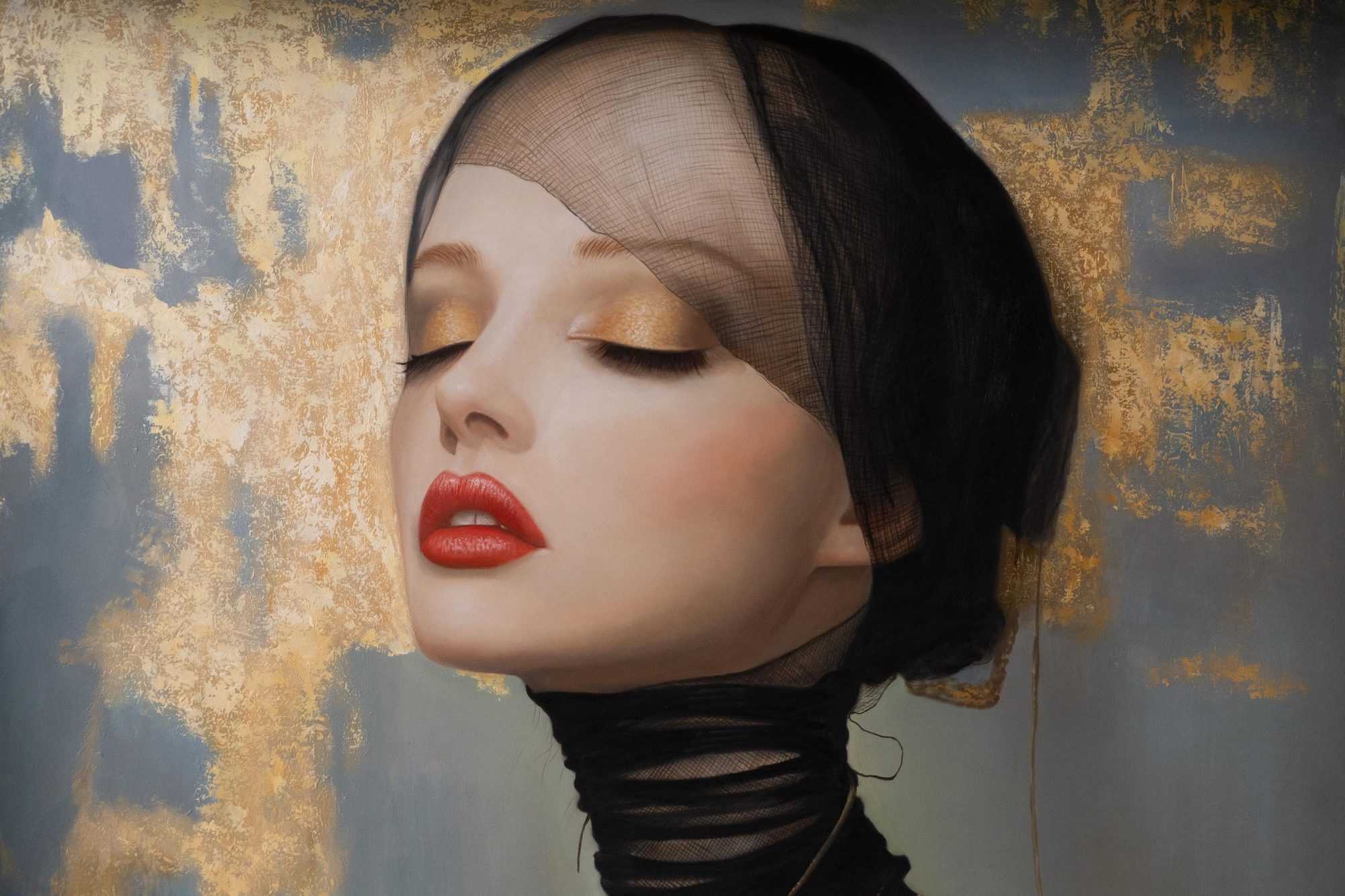 Jehan Legac 的 Gold Beneath the Veil 局部，目光透过撕开的面纱