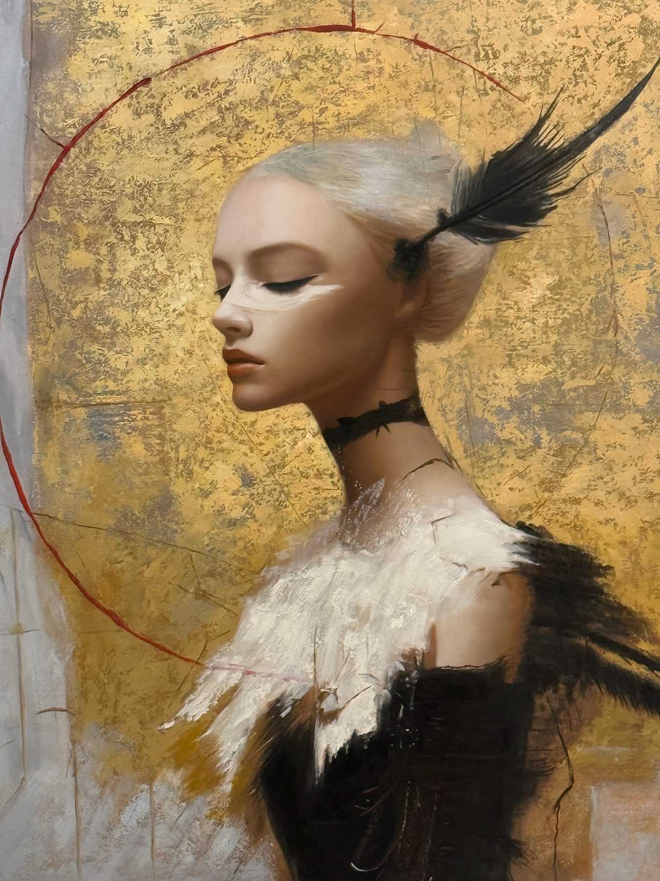 An untitled oil-on-canvas portrait with a feather, from the Metamorphosis exhibition at ART 11