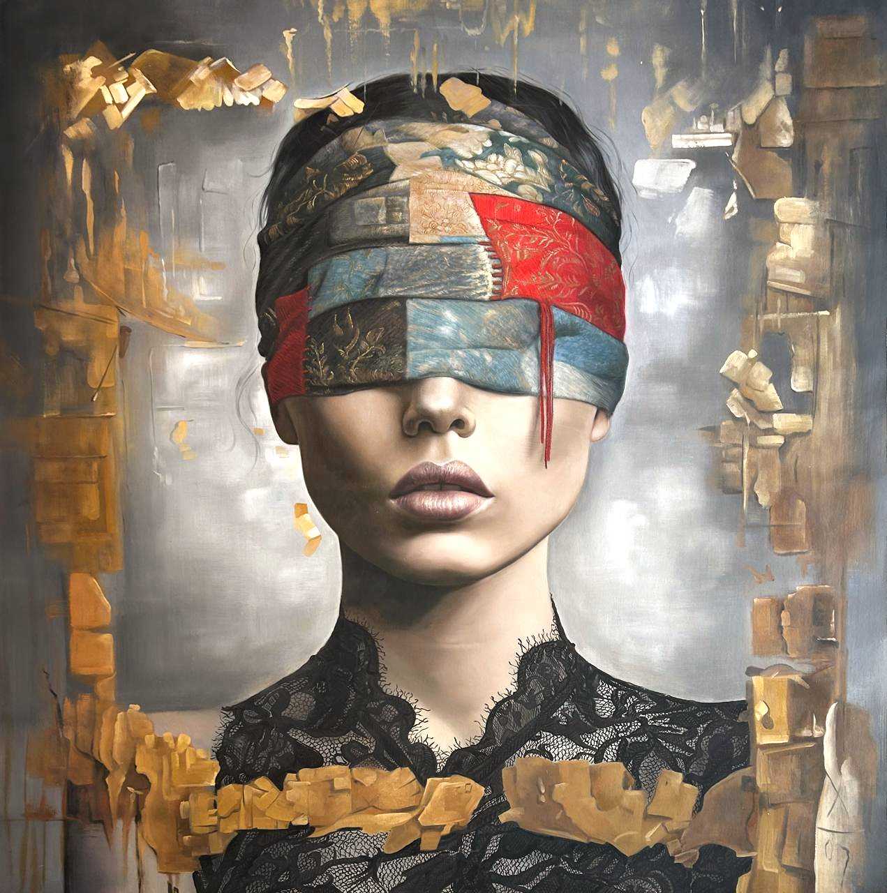 Vision Within by Jehan Legac: an oil-on-canvas blindfolded portrait, the face wrapped in a veil of muted colour