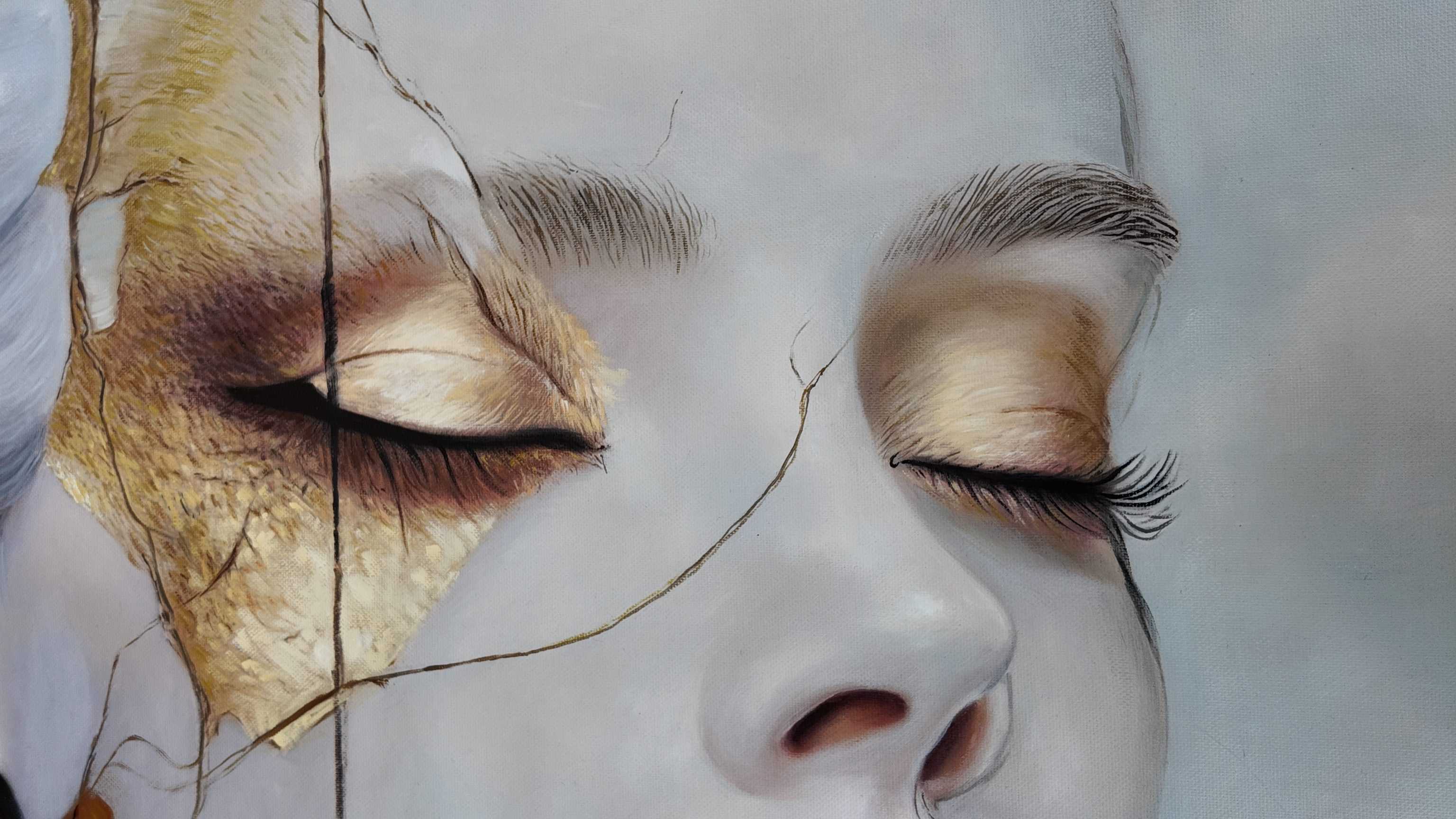 Kintsugi by Jehan Legac: an oil-on-canvas close-up of closed eyes, the face crossed by a fine crack