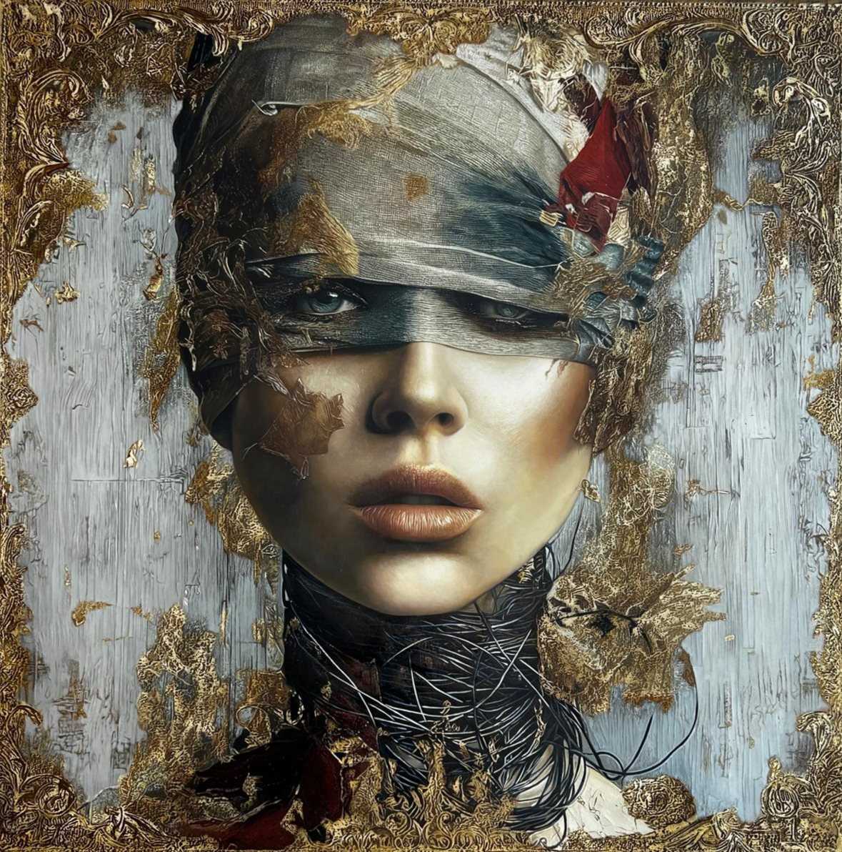 Gold Beneath the Veil by Jehan Legac: an oil-on-canvas portrait, eyes visible through a torn veil